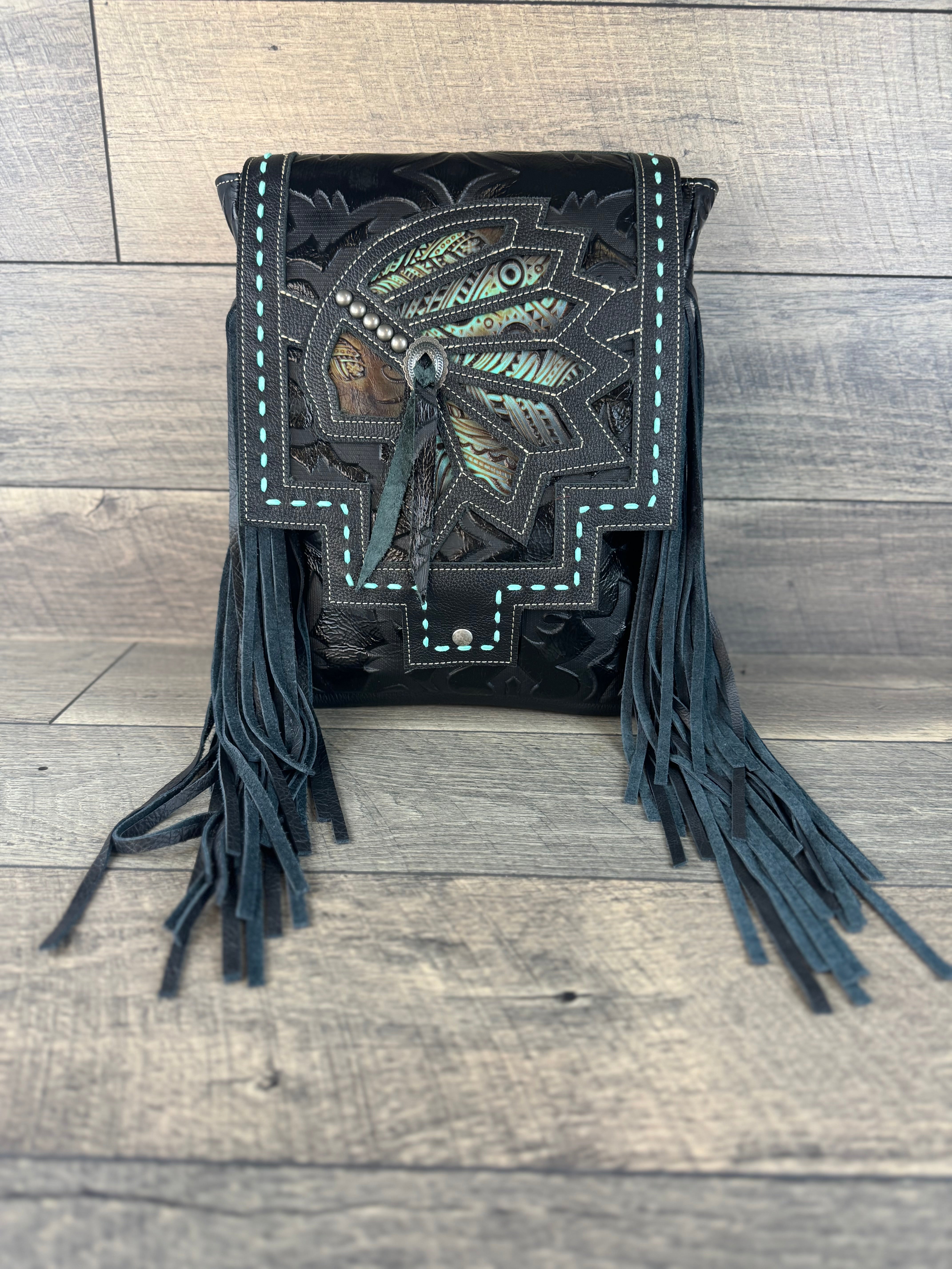 Cassidy Backpack - Turquoise Native Headdress & Black Leather (#002)