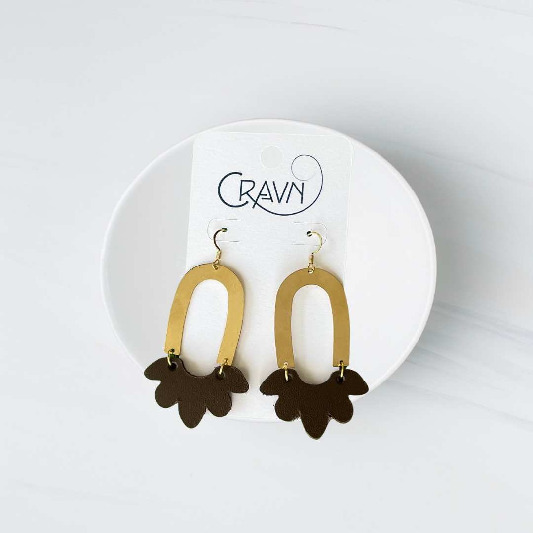 Leather & Brass Flower Earrings