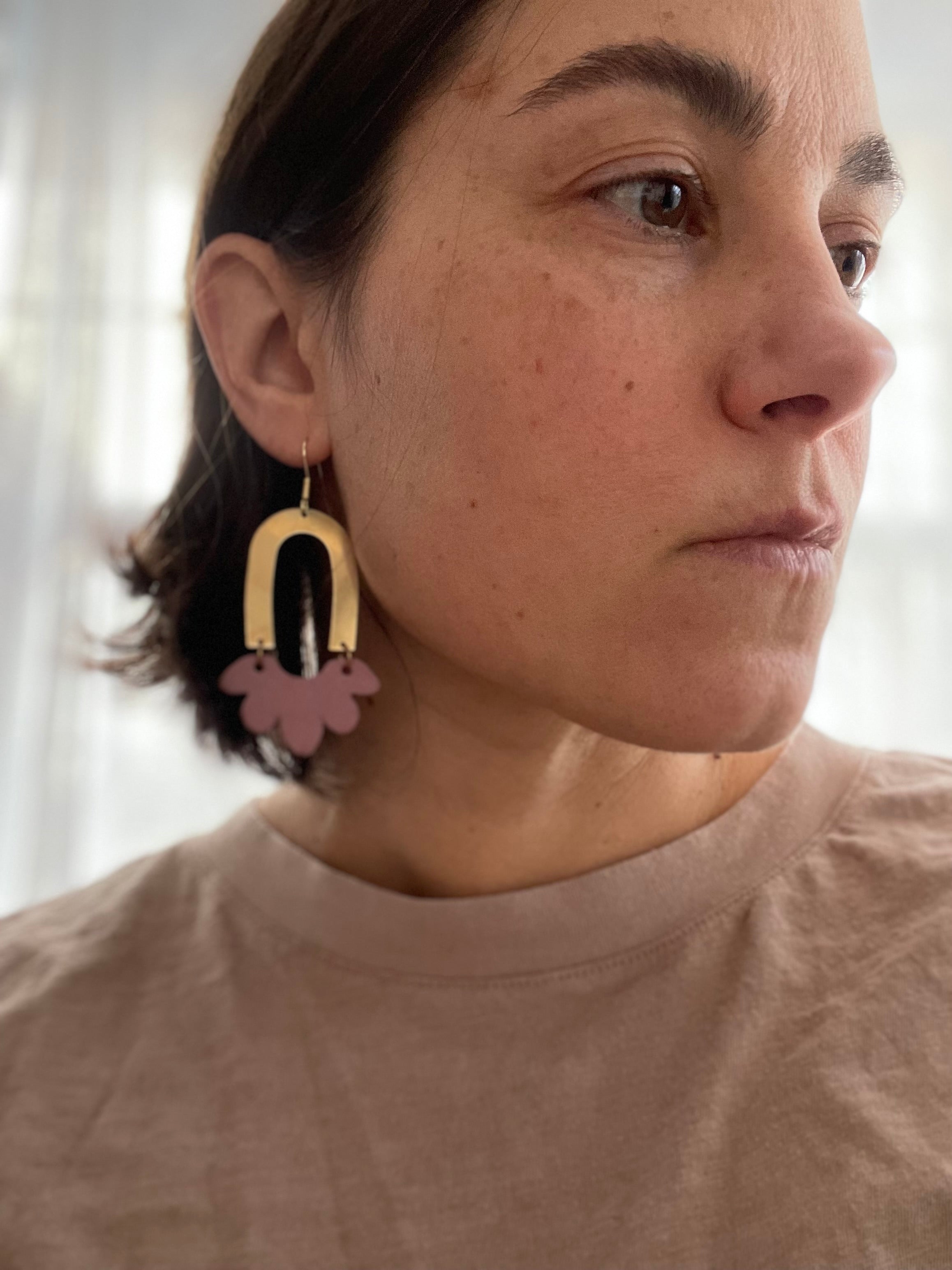 Leather & Brass Flower Earrings