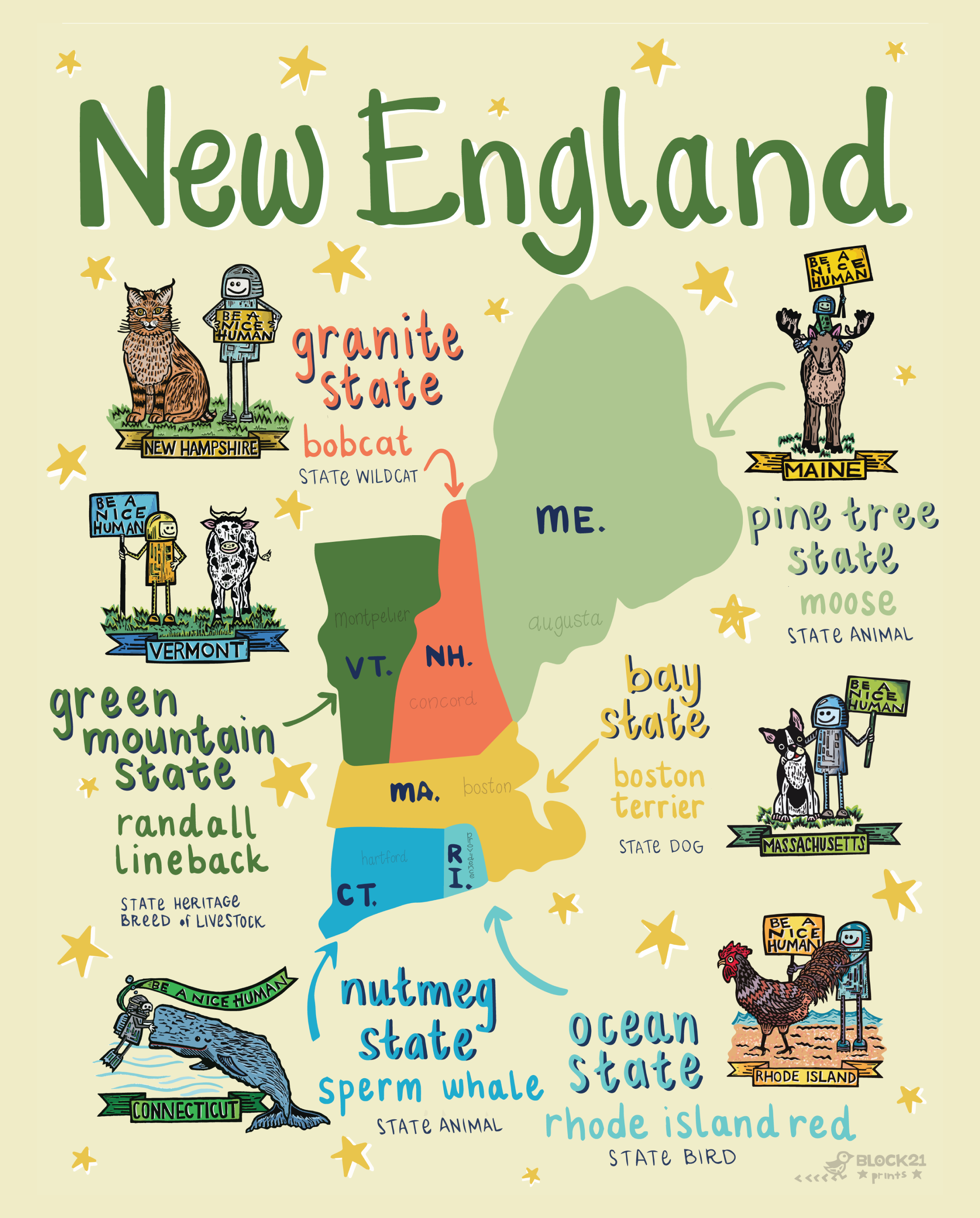 New England Map - Nice Human - Wood Block - ready to hang