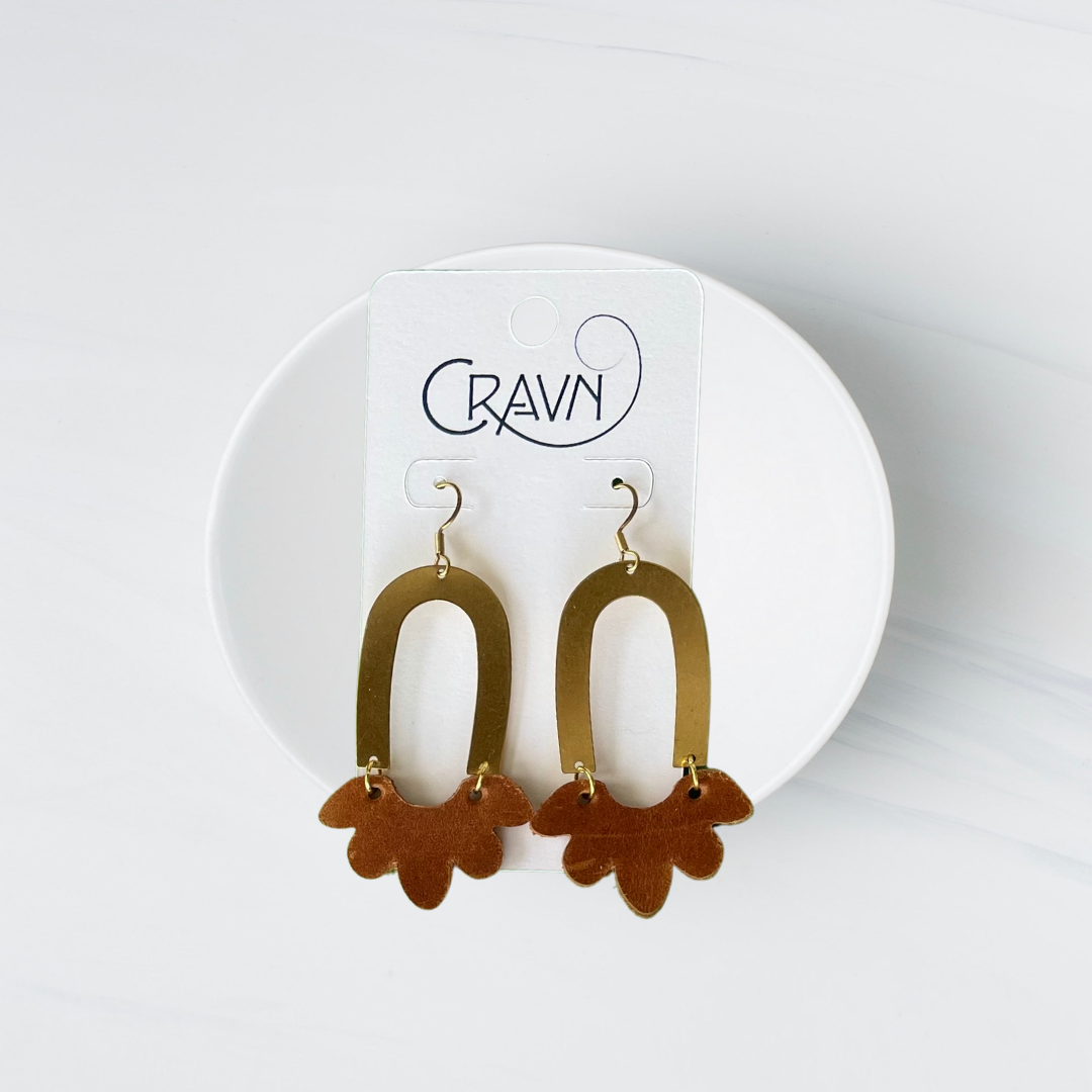 Leather & Brass Flower Earrings